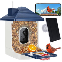 Aprilmin front view of bird feeder showing camera and design for clear observation