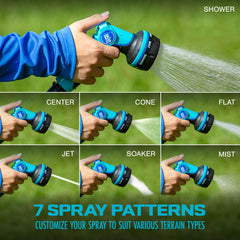 Aqua Joe rotating head showing seven spray pattern options for versatility