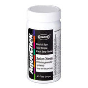 AquaChek bottle front packaging shows 40 salt titrator strips and color comparator