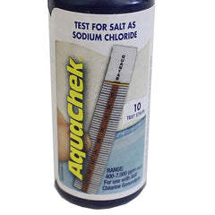AquaChek strip being dipped in pool water to demonstrate instant salt measurement