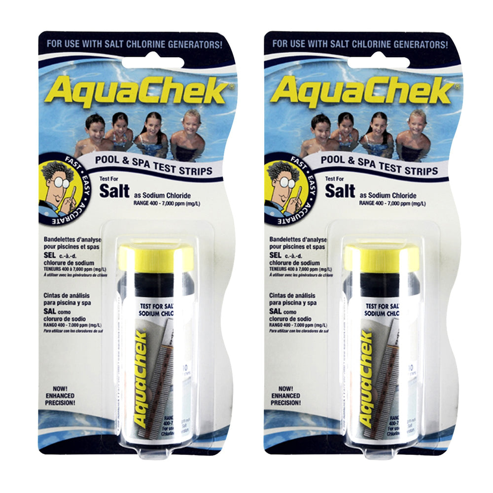 AquaChek front packaging showing two 10-count salt test strip packs for quick checks