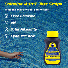 AquaChek strip dipped into pool water demonstrating quick testing