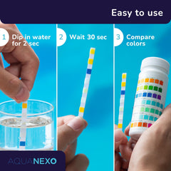 AQUANEXO bottle color chart being compared to strip to get precise chemical levels