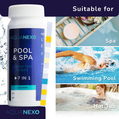 AQUANEXO strip held over pool water demonstrating easy 2-second dip testing