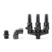 Aquascape front view of 3-way valve fitting showing overall shape and ports, adds tidy multi-line distribution