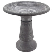 Arcadia Garden Products front view of black fiberclay bird bath, decorative appeal