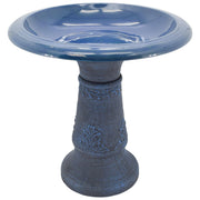 Arcadia Garden Products front view of blue bird bath showing vintage style and curb appeal