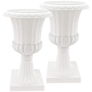 Arcadia Garden front view of two white urns showing classic style and curb appeal