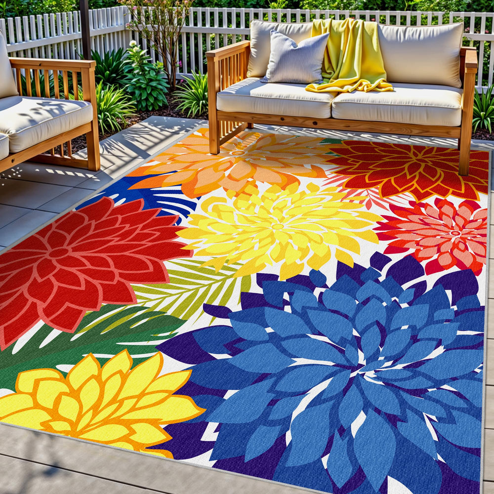 Arenarug front view of 5x8 colorful floral rug showing vibrant design and welcome style