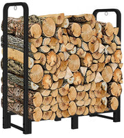 Artibear front view firewood rack showing sturdy matte black frame and storage benefit