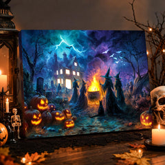 Artiluxy close-up of lit haunted-house windows for atmospheric detail