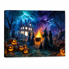 Artiluxy front view of haunted house canvas showing dramatic LED glow