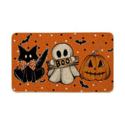 Artoid Mode front view of Halloween doormat showing vibrant orange cat design and welcome benefit