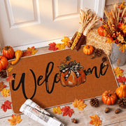 Artoid Mode front view of pumpkin welcome mat showing festive design and curb appeal