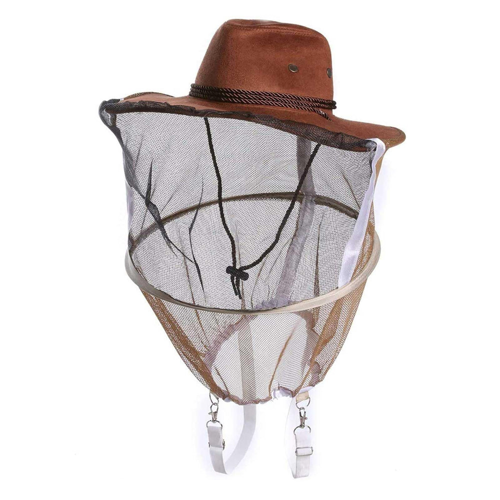 AukBeeFun cowboy hat front view showing full brim and veil for clear protection