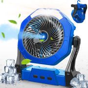 Ausic front view showing compact misting fan and portability benefit