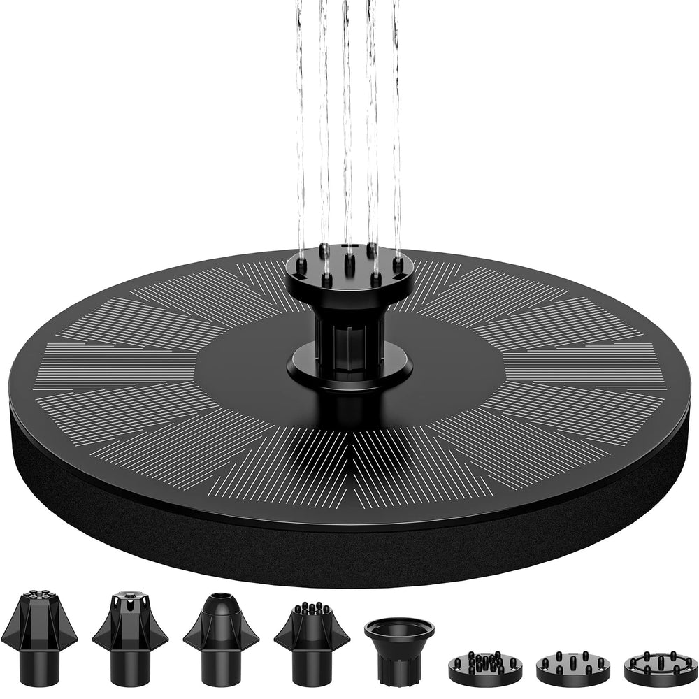 AUTGA solar fountain front view showing floating pump and panel, adds visual water motion