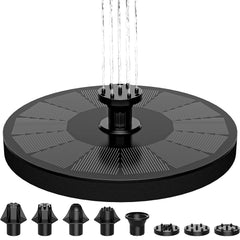 AUTGA solar fountain front view showing floating pump and panel, adds visual water motion