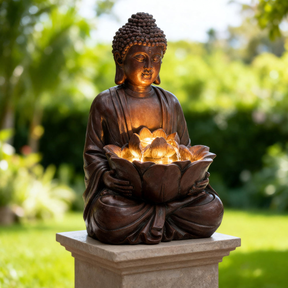 AUTODAYA front view of Buddha fountain showing calming focal point