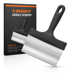 AWEASROY front view of griddle scraper showing sturdy blade and handle for fast cleaning