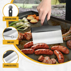 AWEASROY scraper in use on Blackstone griddle clearing stuck-on food quickly