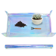 Azureblue front view of iridescent mat showing full waterproof surface and compact size