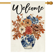 Baccessor flag front showing blue and white porcelain floral design and welcome message