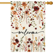 Baccessor flag front view on porch showing warm burnt orange florals for welcoming curb appeal