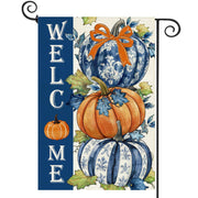 Baccessor flag front view showing porcelain pumpkin design and welcome message