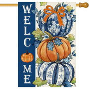 Baccessor front view of fall pumpkin flag showing full design and welcome message