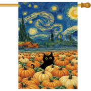 Baccessor front view of autumn black cat pumpkin flag showing bold seasonal design