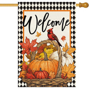 Baccessor front view flag showing pumpkin cardinal design and bright welcome