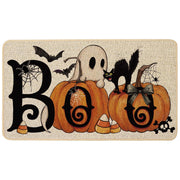 Baccessor front view of Halloween doormat showing festive pumpkins and ghost, boosts curb appeal