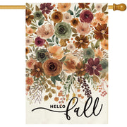 Baccessor front view house flag showing vibrant burnt orange florals and welcome appeal