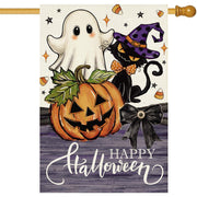 Baccessor front view flag with ghost cat pumpkin, bright seasonal curb appeal
