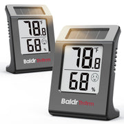 Baldr front view of both black hygrometer thermometers showing clear display and comfort indicator for easy monitoring