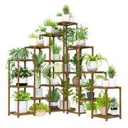 Bamworld front view of tall corner plant shelf showing organized display and space-saving benefit