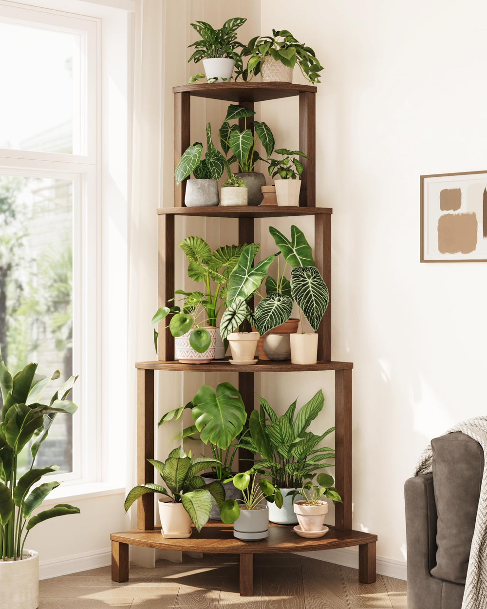 Bamworld front view of corner plant shelf showing tiered display and space saving