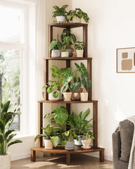 Bamworld front view of corner plant shelf showing tiered display and space saving