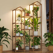 Bamworld front view of corner plant stand showing space-saving display and warm light