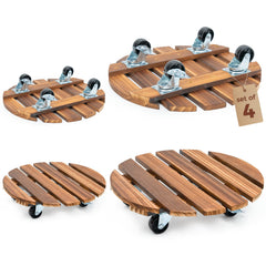 Bamworld front view of 12-inch plant caddy showing stable wooden base and wheel benefit