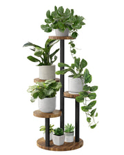 Bamworld front view of brown four-tier plant stand showing space-saving benefit