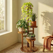 Bamworld front view of 4-tier brown pine plant stand showcasing vertical display benefit