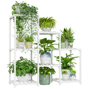 Bamworld front view of white bamboo plant stand showcasing multiple pots and tidy organization