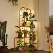 Bamworld tall corner plant stand front view showing multi-tier display and grow light benefit