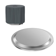 BBQ-PLUS front view stainless steel lid protecting Bonfire, keeps pit clean