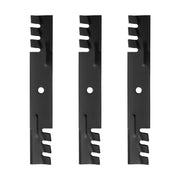 BCQNXX front view of three mulching blades showing shape and finish for reliable cutting