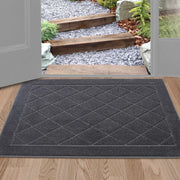 BEQHAUSE front view doormat showing dark grey geometric pattern and welcome function