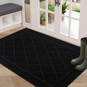 BEQHAUSE front view of 32x48 black doormat showing geometric pattern and benefit of dirt trapping