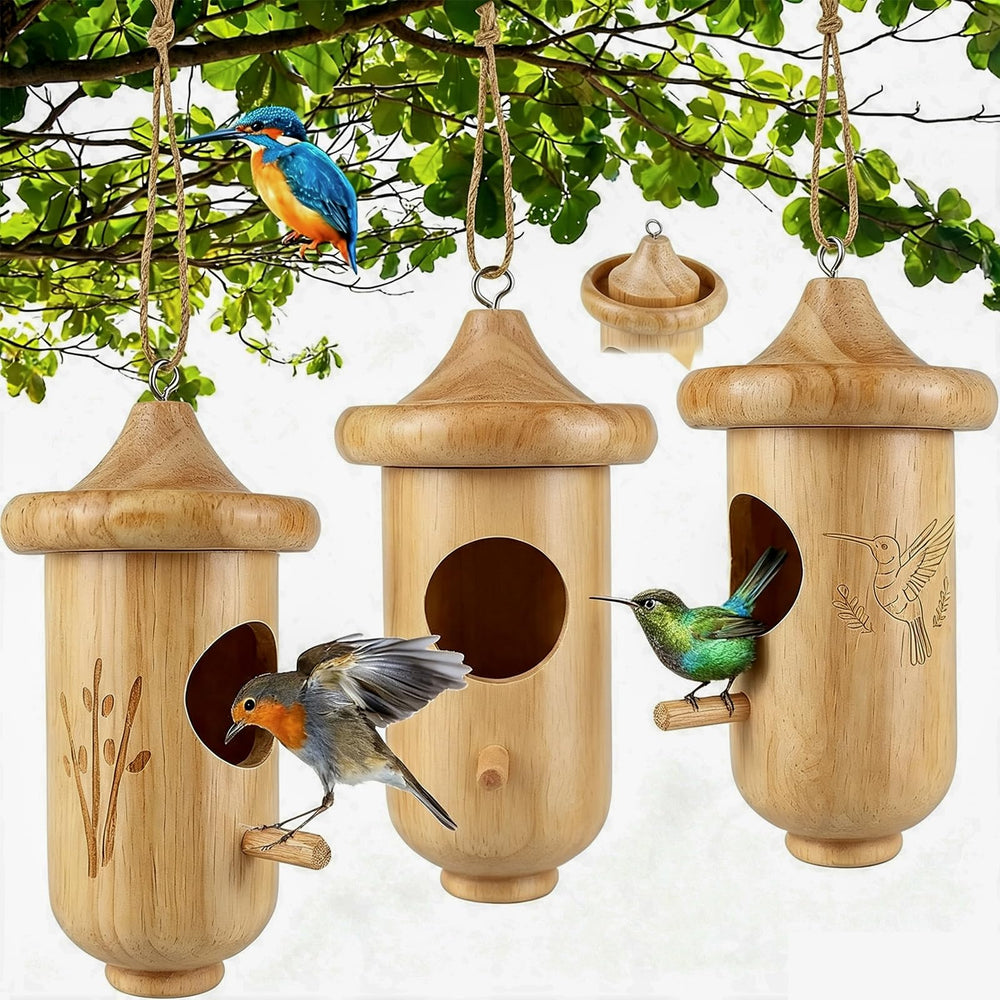 BESWORLDS front view of hummingbird house showing natural pine and entrance hole, attracts birds